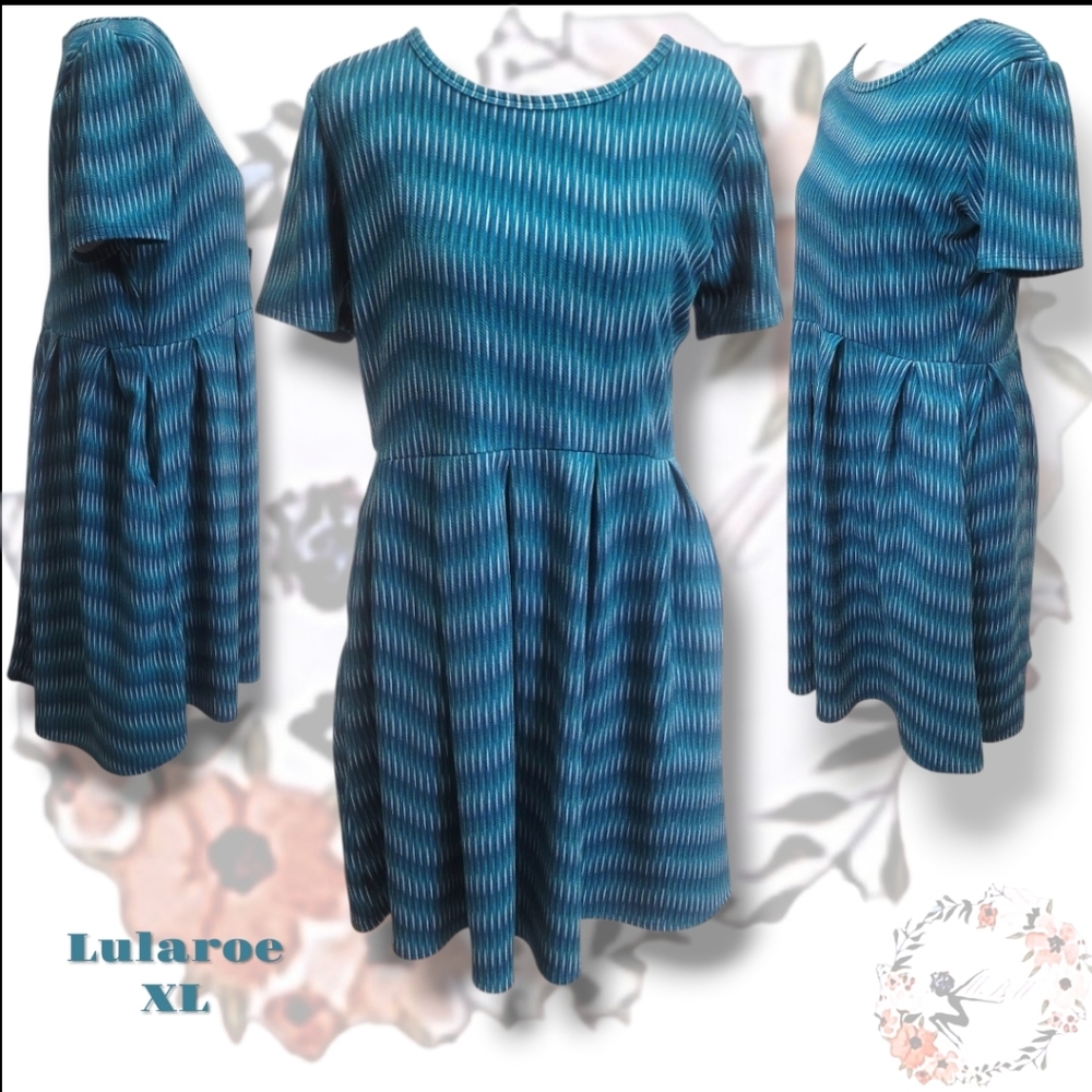 LuLaRoe Fit Flare Mix Print Teal Dress With Pockets. Size XL